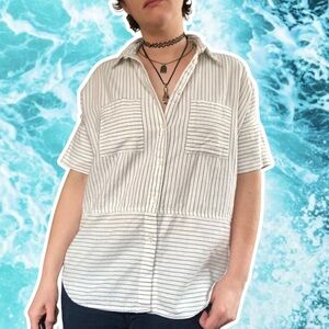 Madewell Oversized Contrast Pinstripe Button Down with Short Sleeves, Size XS
